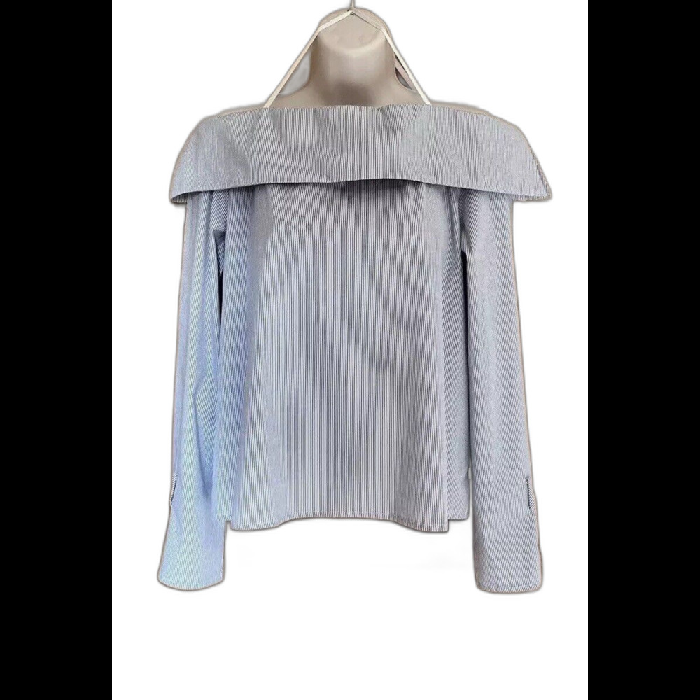 NWT NYTT Off The Shoulder Collared Pin Striped Top Womens XS Blue White Nautical